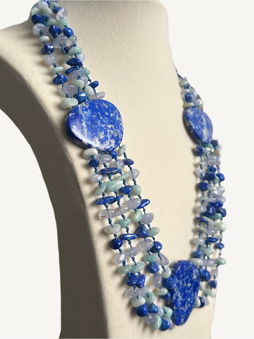 Sajen 925 Lapis Lazuli Chalcedony 4 Strand Hand Knotted Necklace 21.5 Inch